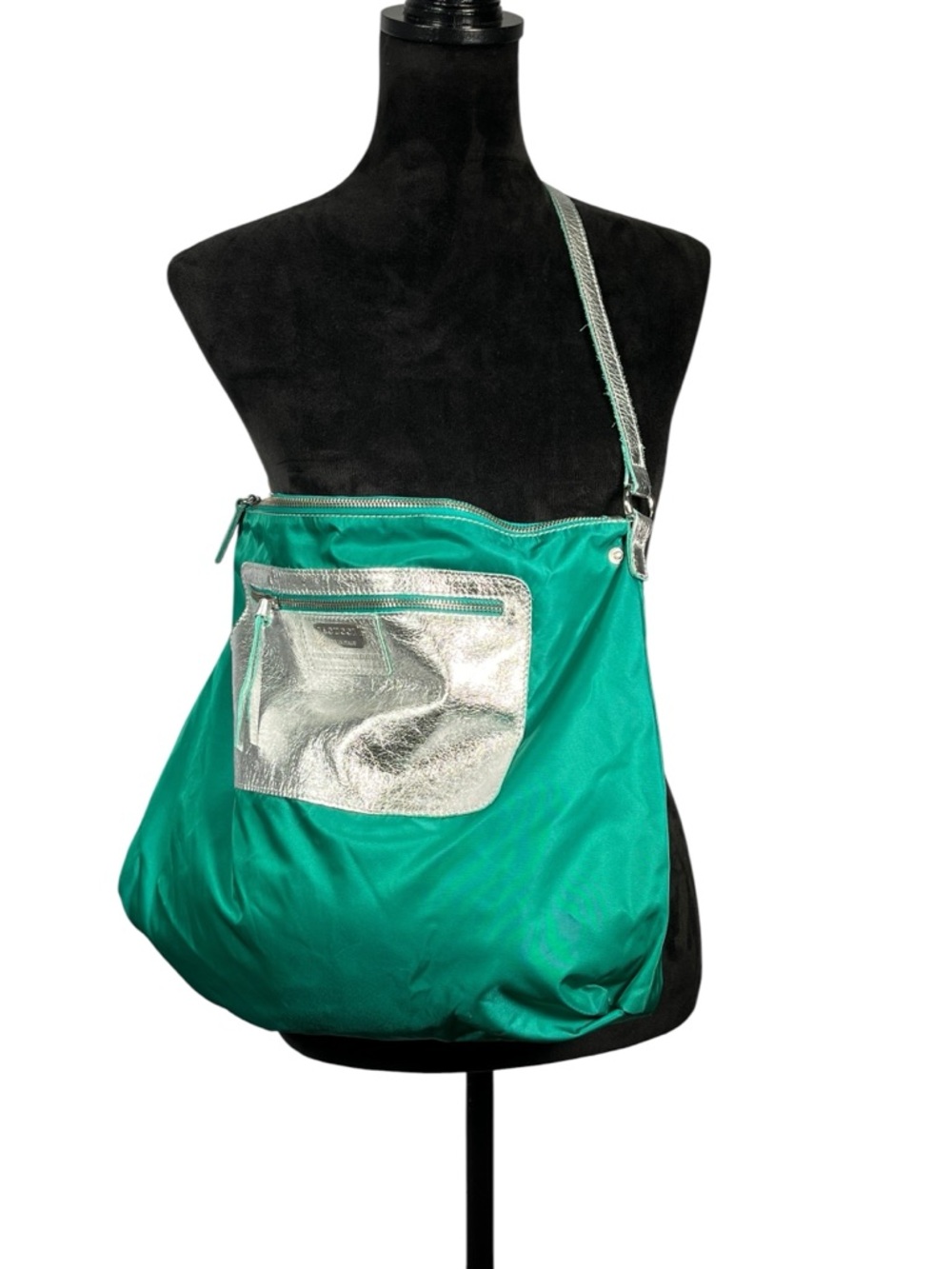 Green Nylon Bag Silver Leather Pocket Iacucci Made in Italy Foldable Packable